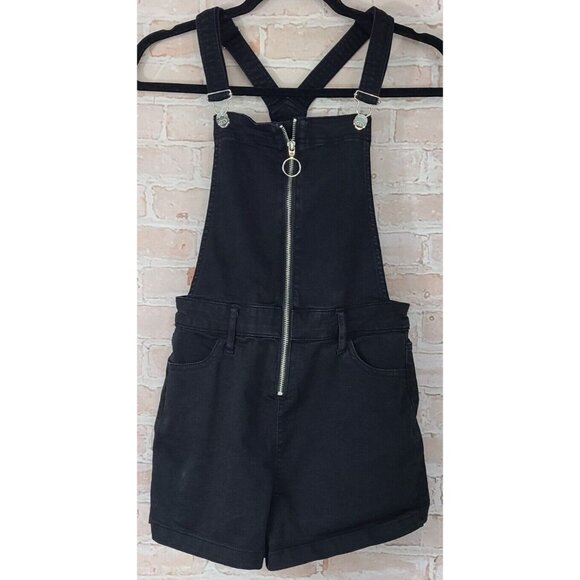 Guess Black Denim Jean Bib Overall Shorts Zip Up Stretch Women's Size 29 - Picture 1 of 8